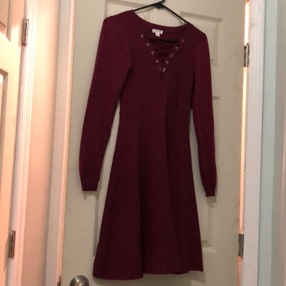 Burgundy Crimson A-Line Long Sleeve Dress Ribbed